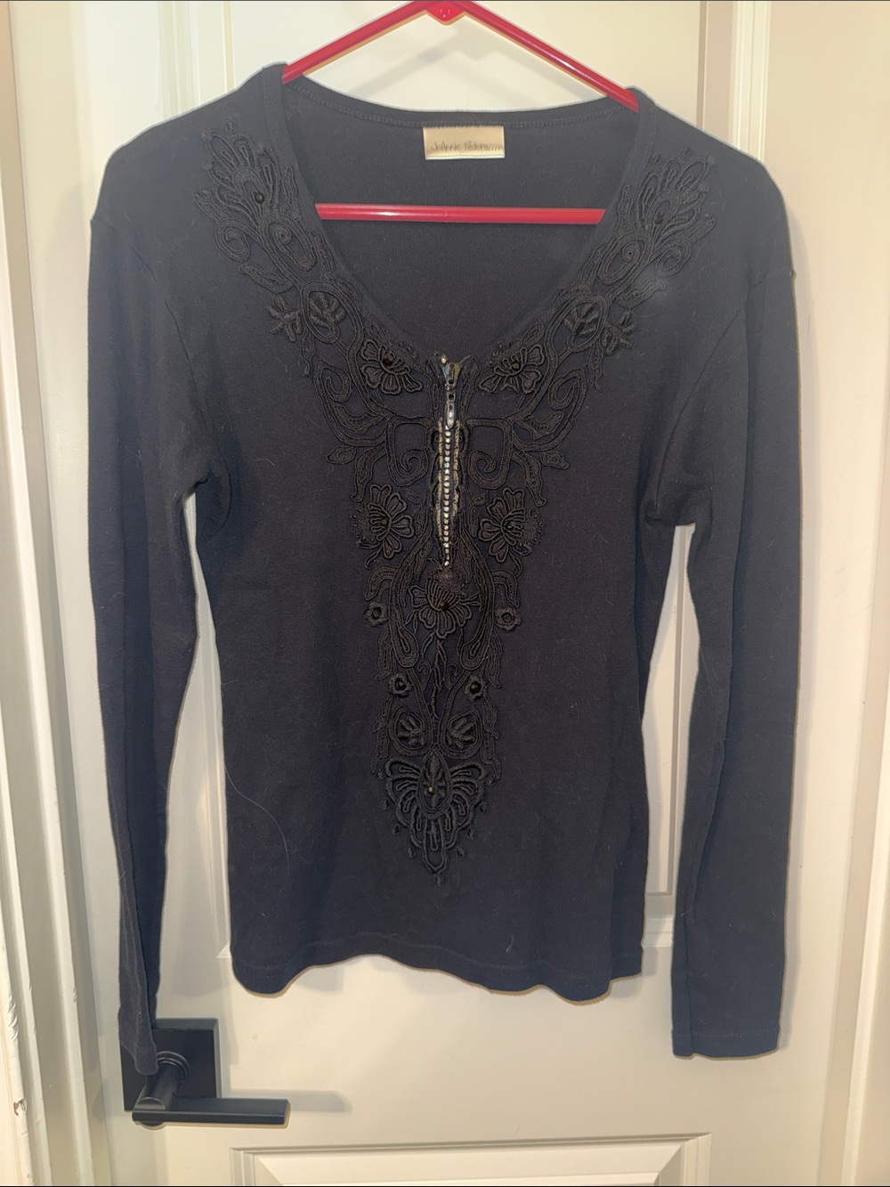 Black Long-Sleeve Embroidered Zip V-Neck Top by Johnnie-O
